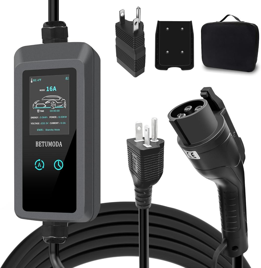 Level 1&2 EV Charger 2026 Upgraded, 110V240V, 8-16Amp Adjustable Current & Timer, NEMA 5-15 & 6-20 Plug, 25Ft EV Charging Cable, SAE J1772 Compatible for All PHEV/EV(Tesla Requires Adapter)