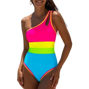 popvil One Shoulder One Piece Swimsuit for Women Neon Color Block Bathing Suits Modest Full Coverage Swimwear (Medium)