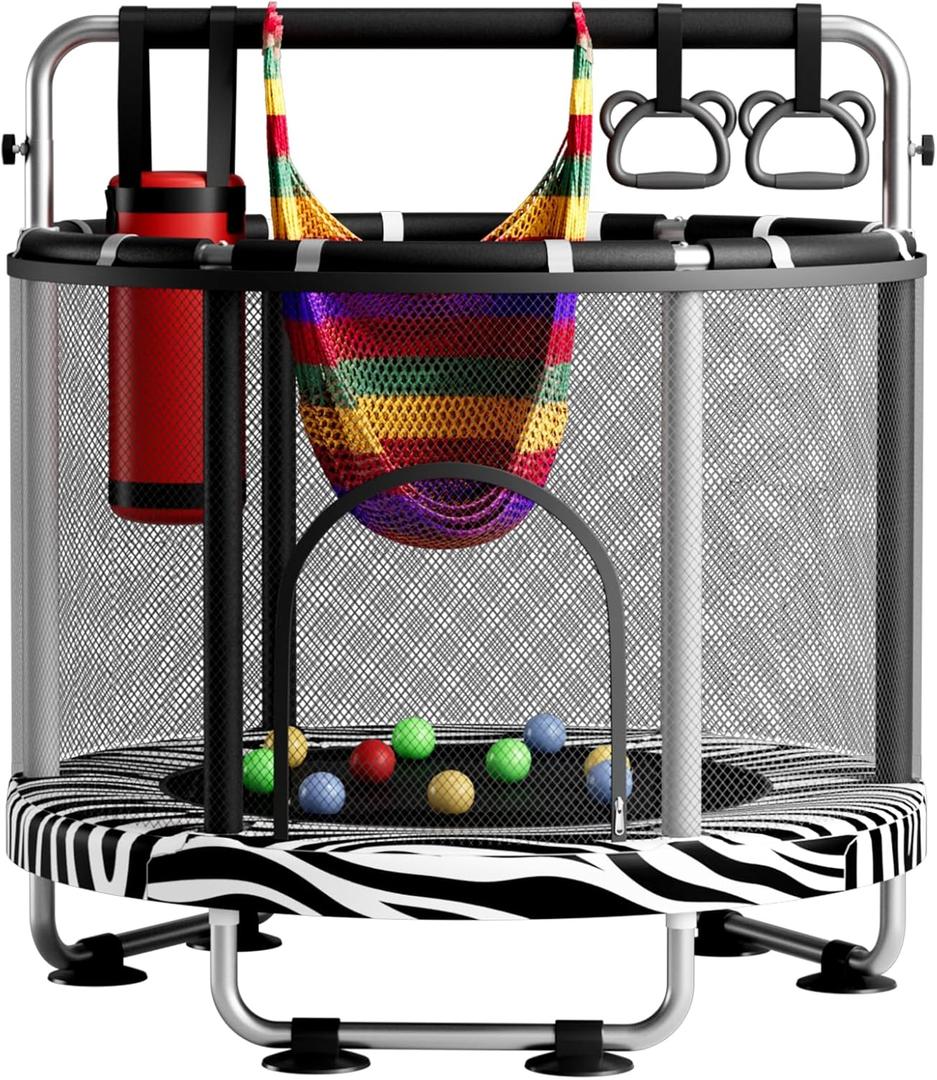 55" Trampoline for Kids with Enclosure, 440lbs Capacity Indoor & Outdoor Toddler Trampoline with Adjustable Gymnastics Bar & Toys, for Boys & Girls (Zebra)