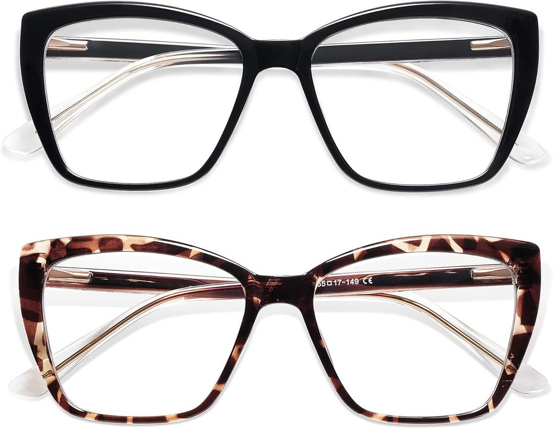 AMOMOMA Trendy TR90 Oversized Blue Light Reading Glasses Women,Stylish Square Cat Eye Glasses AM6031 (C1.black+c6.tortoise)