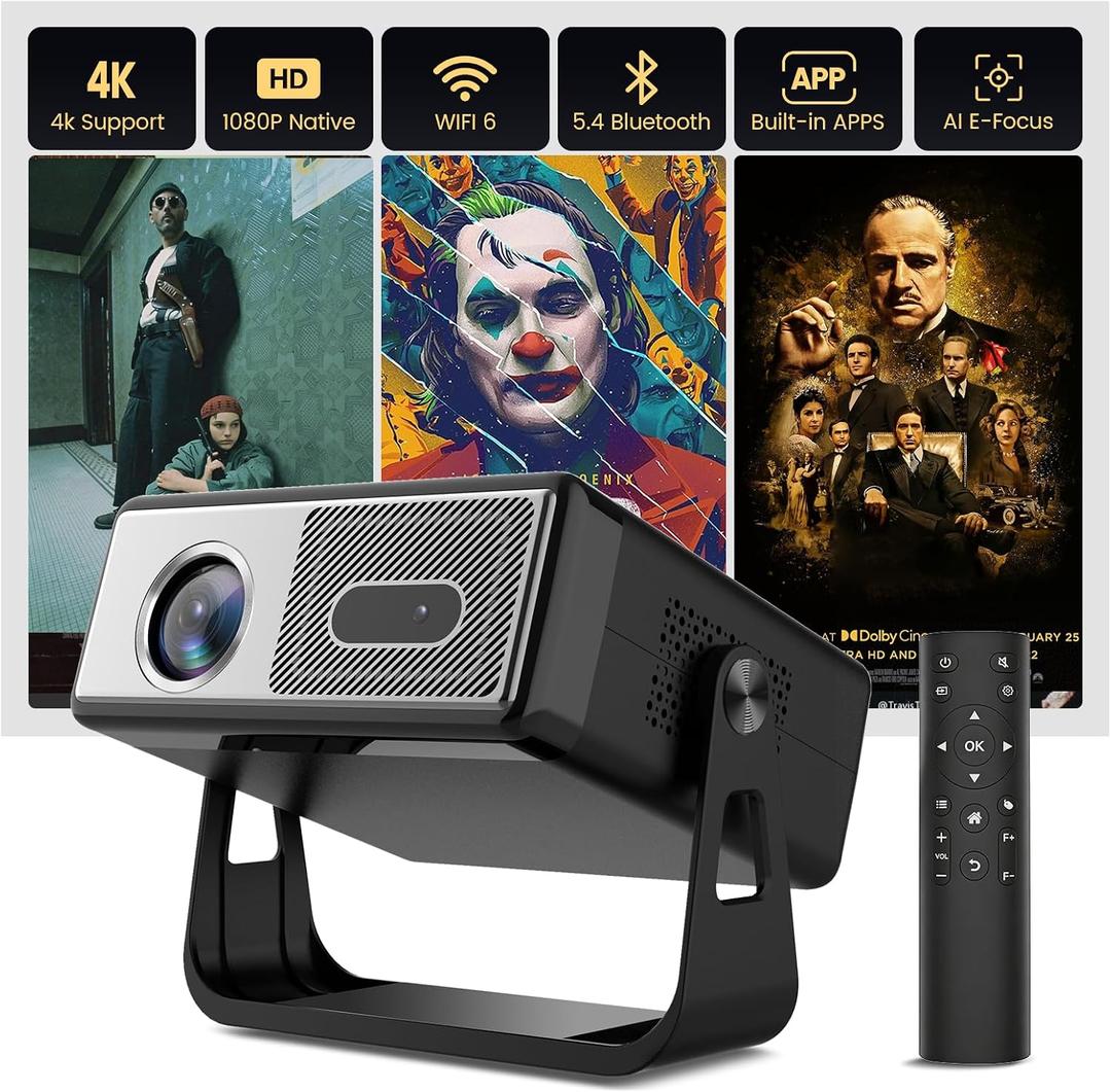 Native 1080PSmart Mini Projector with WiFi and Bluetooth, 500ANSI, 8W Speakers,AI Auto Focus & Keystone,Home Movie Portable Outdoor