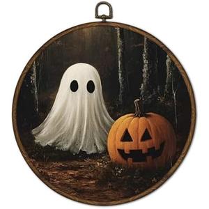 Cvjutf Vintage Ghost Halloween Wall Art Framed, Ghost Bathroom Decor, Gothic Dark Academia Fall Round Wall Decor, Witchy Halloween Pumpkin Canvas Prints Art for Bedroom Bathroom Living Room, 10x10 In