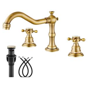 gotonovo Bathroom Faucet 3 Hole 8 Inch Widespread Bathroom Sink Faucet 2 Cross Handles Vintage Lavatory Vanity Mixer Tap with Pop Up Drain, HOT Cold Label, Antique Brass