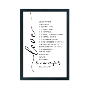 Love Is Patient Kind Wall Art 16"×11" Love Never Fails Sign 1 Corinthians 13 Bible Verse Wood Framed Wall Hanging Decor (Black)
