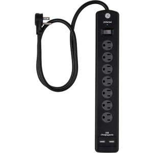 GE Pro 7-Outlet Surge Protector, 2 USB Ports, 3 Ft Power Cord, 1300 Joules, Flat Plug, Twist to Close Safety Covers, Indicator Light, Power Filter, Circuit Breaker, UL Listed, Black, 33664