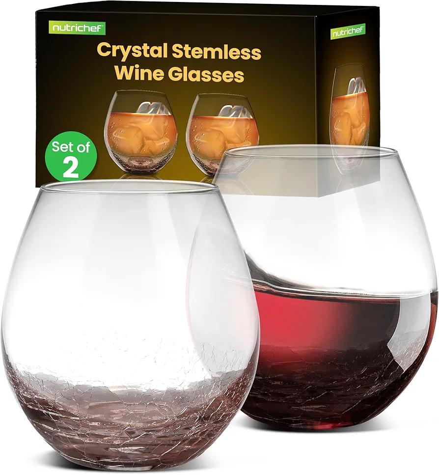 NutriChef Stemless 8 Wine Glasses 15 Ounces, Hand Blown Glasses for Home, Bar & Restaurant, Dishwasher Safe, Gift Set for Wine Lovers, Friends