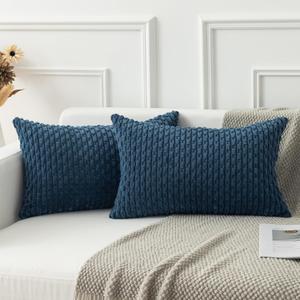 Kevin Textile Pack of 2 Corduroy Decorative Throw Pillow Covers 12x20 Inch Soft Boho Striped Pillow Covers Modern Farmhouse Home Decor for Autumn Sofa Living Room Couch Bed Blue