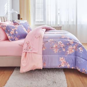 AIKASY Pink and Light Purple Twin Comforter Set with Sheets, Bed in a Bag 6-Pieces,Branches and Flowers Printing Design, Ultra Soft Down Alternative All Season Bedding Set (Twin, Blossom Stem)