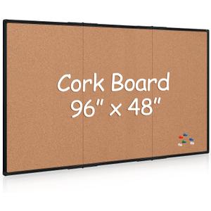 Board2by Extra Large Cork Bulletin Board 96" X 48", Foldable Notice Pin Board for Wall, Black Aluminum Framed 8'x4' Corkboard, Wall Mounted Noticeboard with 36 Push Pins for School, Home & Office
