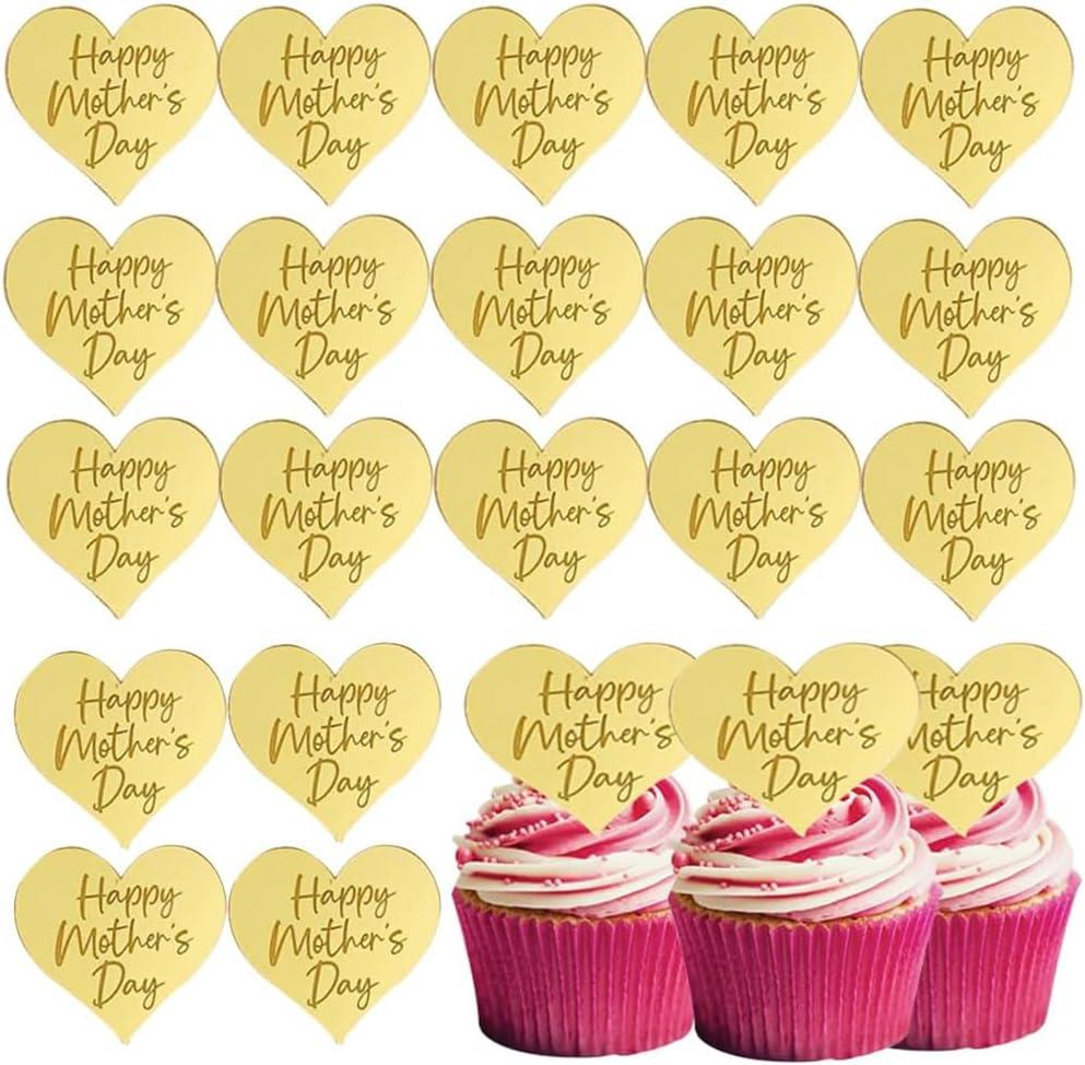 Happy Mothers Day Cupcake Topper, 25 Pcs Gold Acrylic Mirror Disc Heart-shaped Cake Engraved Cake Decorations (Plain)