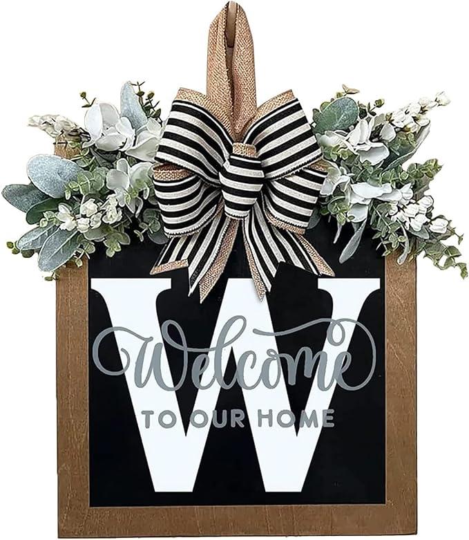 14 Last Name All Year Round Front Door Wreath, 26 Letter Welcome Sign Door Wreaths for Front Door Outside, Welcome Garland and Eucalyptus and Bow Suitable for All Seasons for Outdoor Decoration (W)