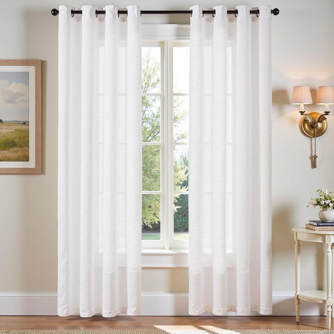 jinchan White Semi Sheer Linen Curtains 90 inch Length 2 Panels Set Grommet Light Filtering Living Room Curtain Panles Home Office Minimalist Decor Farmhouse Boho Burlap Textured Curtains 50 Inch Wide