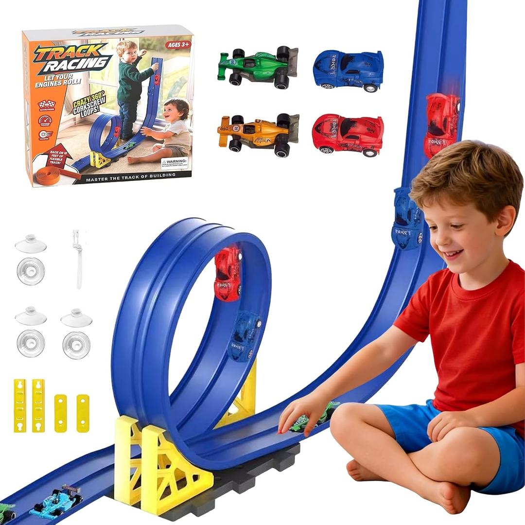 Flexible Race Track for Kids, 15 FT Dual Lane DIY Flex Track with 4 Cars & Suction Cup Car Ramp, Bendable Toy Racing Track Set for Toddlers Ages 3+