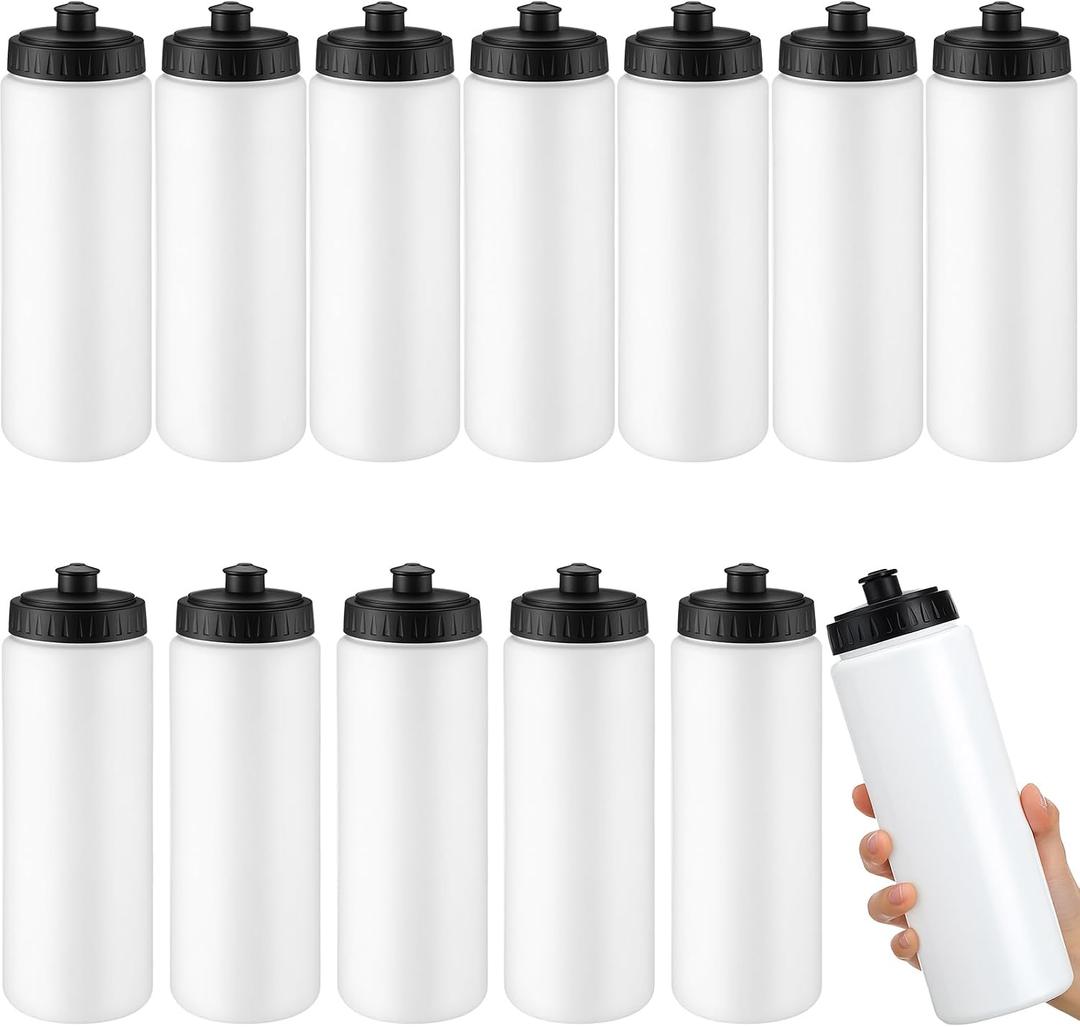LemonRoad 12 Pack Squeeze Water Bottles Reusable 20 oz Plastic Sports Water Bottle with Pull Top Lid, Bike Cycling Gym Sport, Dishwasher Safe(White)