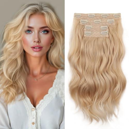 Clip in Hair Extensions - 14 Inch Wavy Synthetic Hair Extensions Clip ins (Color:Beige Blonde Mix Platinum Blonde)