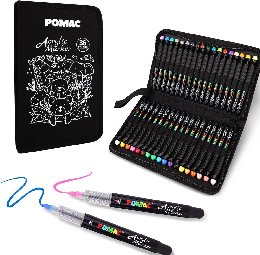 POMAC 36 Colors Acrylic Paint Markers, Water-Based Acrylic Pens Brush Tip, Art Drawing Liquid Paint Pens for Fabric, Canvas, Rock, Glass, Wood, Paper, DIY Crafts and Art Supplies