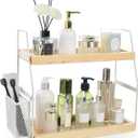 Bathroom Counter Organizer, 2-Tier Standing Storage Shelf with Basket, Wood Tray for Skincare Vanity Organizer(White), 14" x 6" x 13"