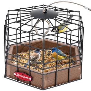 Kingsyard Squirrel Proof Platform Bird Feeders for Outdoor Hanging, 10" Wide Metal Caged Bird Feeder for Small Wildbirds Finches, Recycled Plastic Feeding Platform with Metal Seed Tray, Brown