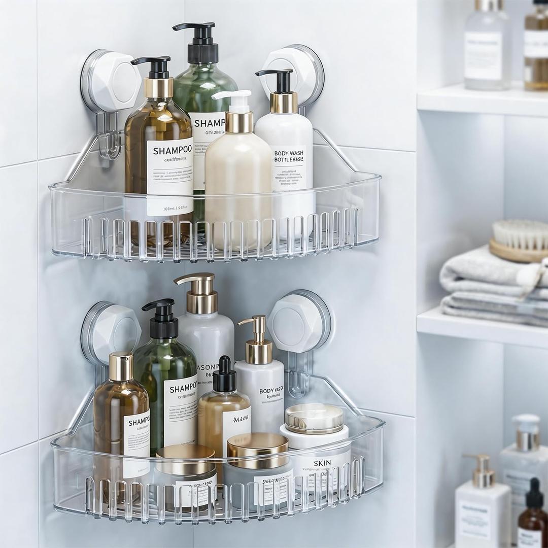 No-Drill Bathroom Suction Storage Box, Large Capacity Strong Load-Bearing Suction Cup Storage Rack with Drain Holes, Removable Corner Shower Caddy Hanging Wall Mount Kitchen Organizer (2)