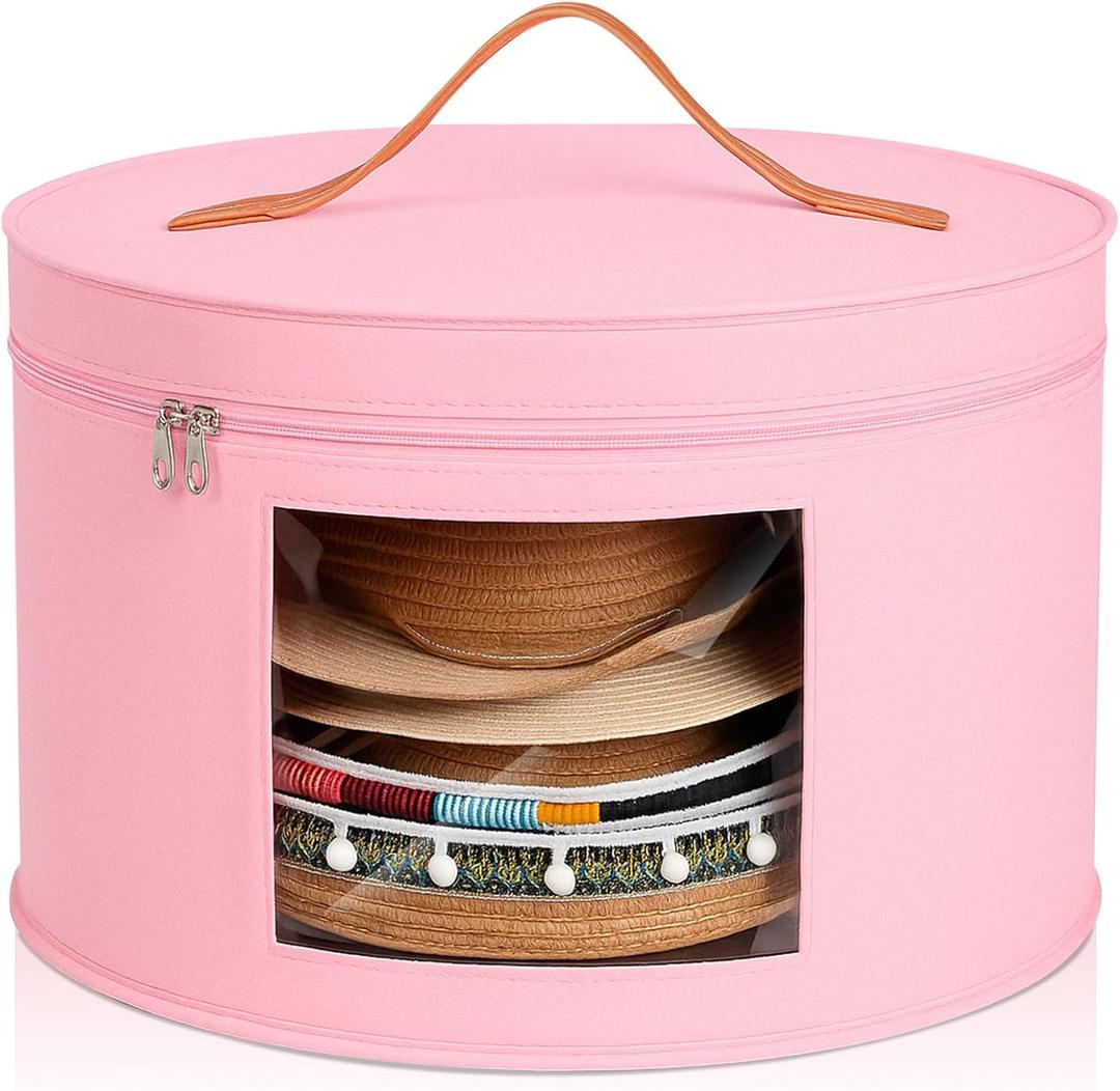 Chunful Hat Box Storage for Women Large Storage Bag for Wide Brim Sun, Cowboy and Foldable Space Saving Travel Hat Organizer Bag with Lid(Pink,Height 10.2 Inches)