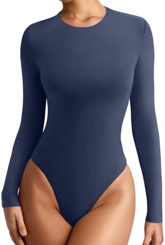REORIA Women's Crew Neck Long Sleeve Bodysuits Basic Slim Fit Comfy Lightweight Layering Top Fall Winter Outfits, M