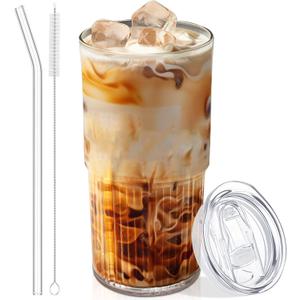 18.5oz Glass Cups with Lids and Straws Single Reusable Tumbler, Thickened Shatter-Resistant Glass, Ideal for Iced Coffee, Smoothies, Cocktails, Juices,  Elegant & Durable Drinkware