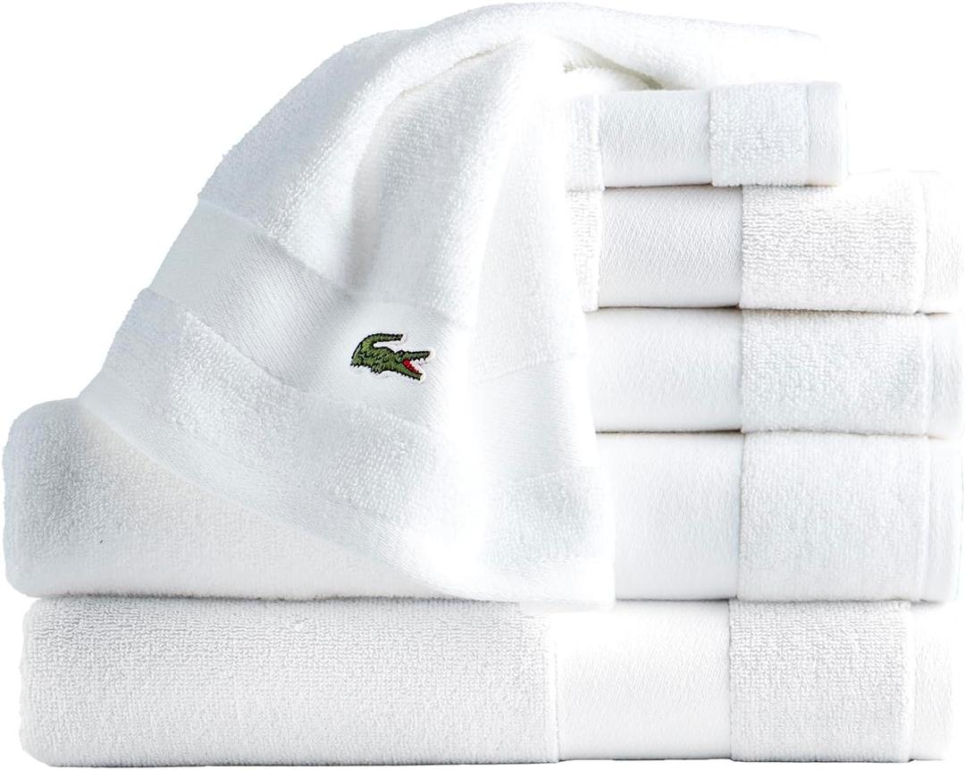 Lacoste Sport Stripe 6-Piece Luxury Cotton Towel Set Made with 100% Soft Supima Cotton, Absorbent & Quick-Drying, Includes 2 Bath Towels, 2 Hand Towels, 2 Washcloths, White