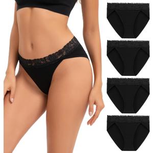 INNERSY Women's Cotton Bikini Underwear High Cut Lace Hipster Panties 4-Pack (Medium, Black)