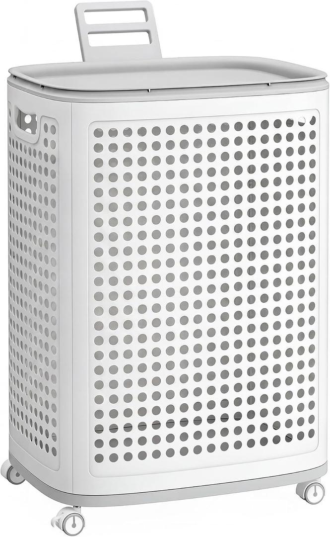SONGMICS Laundry Hamper with Wheels, Plastic Laundry Basket, 19.8 Gallons (75 L), Slim Storage Basket, for Bathroom, Bedroom, White and Gray URLH020WG01
