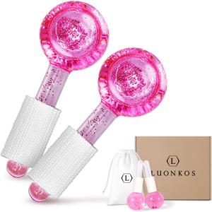 LUONKOS Ice Globes for Face, Neck & Eyes - Pink, Set of 2 - Unbreakable, Reusable Glass Gua Sha Tool - Facial Ice Globes for Puffiness, Wrinkles, Dark Circles - Facial Tools - Glow & Reduce Irritation