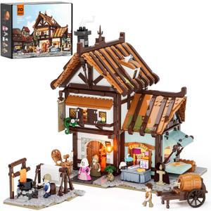 FUNWHOLE Medieval Tailor Shop Lighting Building Bricks Set - Middle Ages City Town Tailoring Studio Multi-Form Modular Collection Kit 1994 Pcs for Adults & Teens