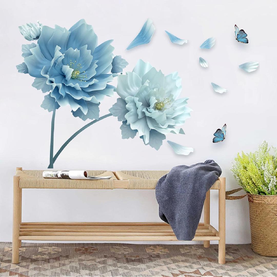 ROFARSO 49.2'' x 30.7'' 3D Blue Flowers Butterflies Wall Stickers Vinyl Removable Large Wall Decals Art Decorations Decor for Bedroom Living Room Office Study Room Murals