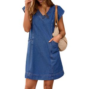 Pink Queen Womens Denim Dress Summer V Neck Short Sleeve Loose Casual Jean Dresses with Pockets (Blue, L)