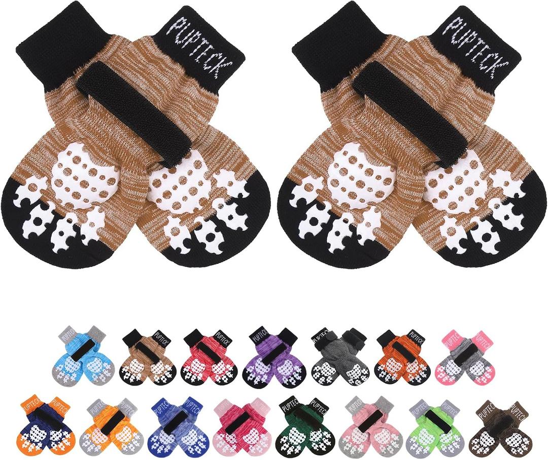PUPTECK Anti-Slip Dog Socks with Double Sides Grips for Small Medium Large Dogs Hardwood Floors Prevents Licking, Dog Shoes for Hot Pavement Traction Control Paw Protector for Senior Dogs, Khaki M