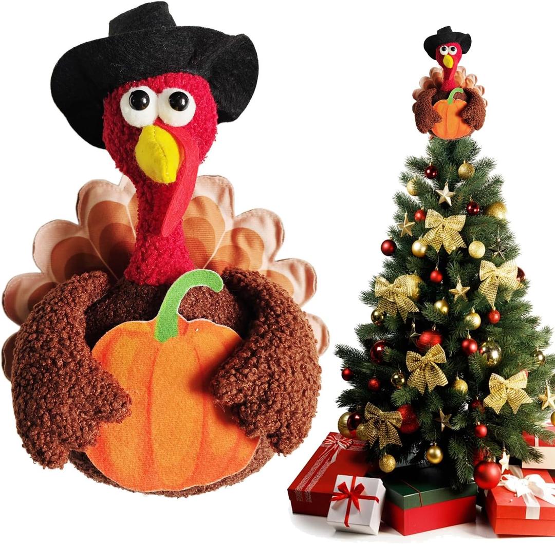 Thanksgiving Christmas Tree Topper Decorations, 12 Inches Large Turkey Velvet Fall Thanksgiving Christmas Tree Ornaments for Home Indoor Party Decor