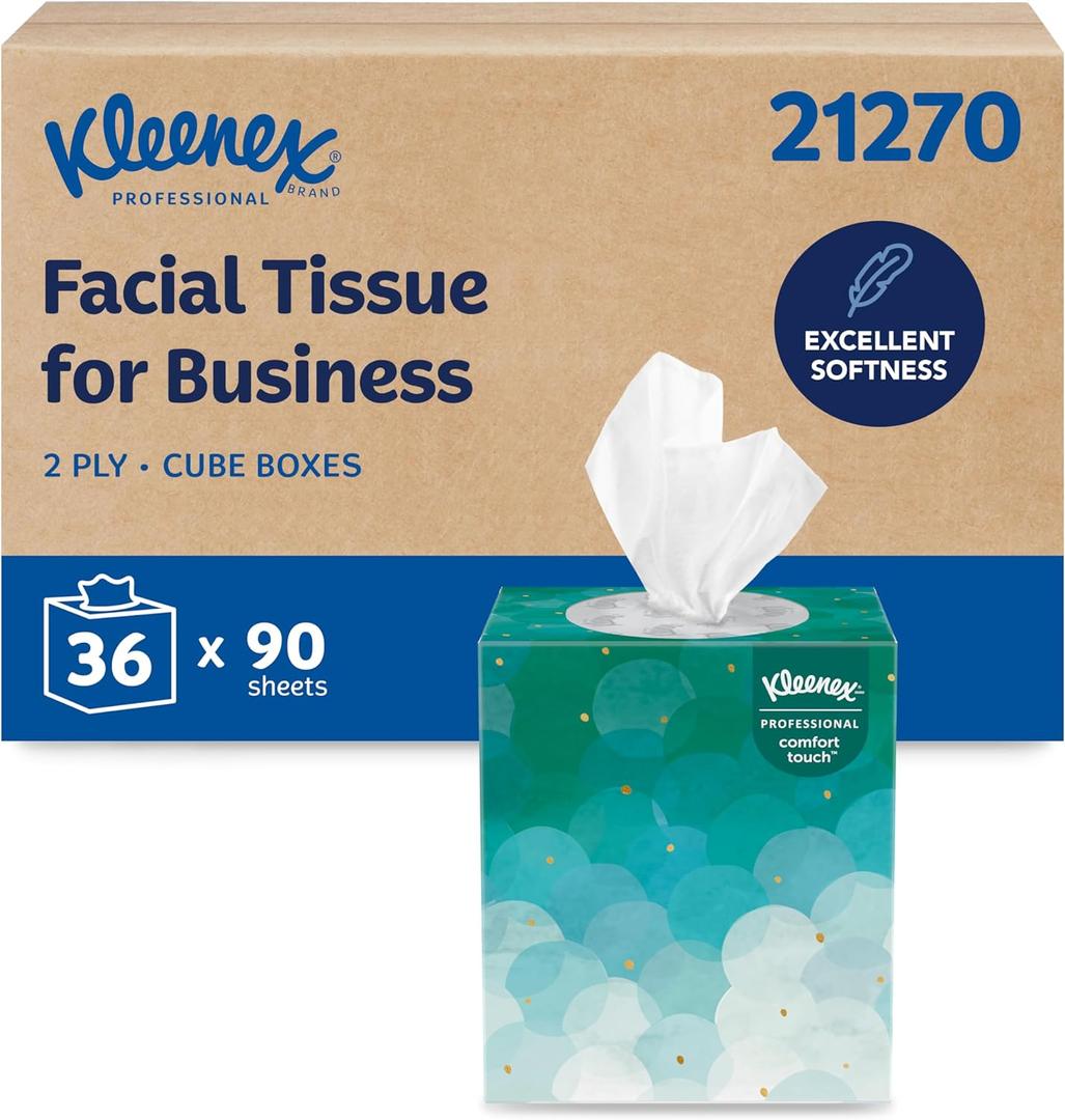 Kleenex Professional Facial Tissue, Bulk (21270), 2-Ply, White, Upright Cube Boxed Format, Designed for Business (90 Tissues/Box, 36 Boxes, 3,240 Sheets/Case)