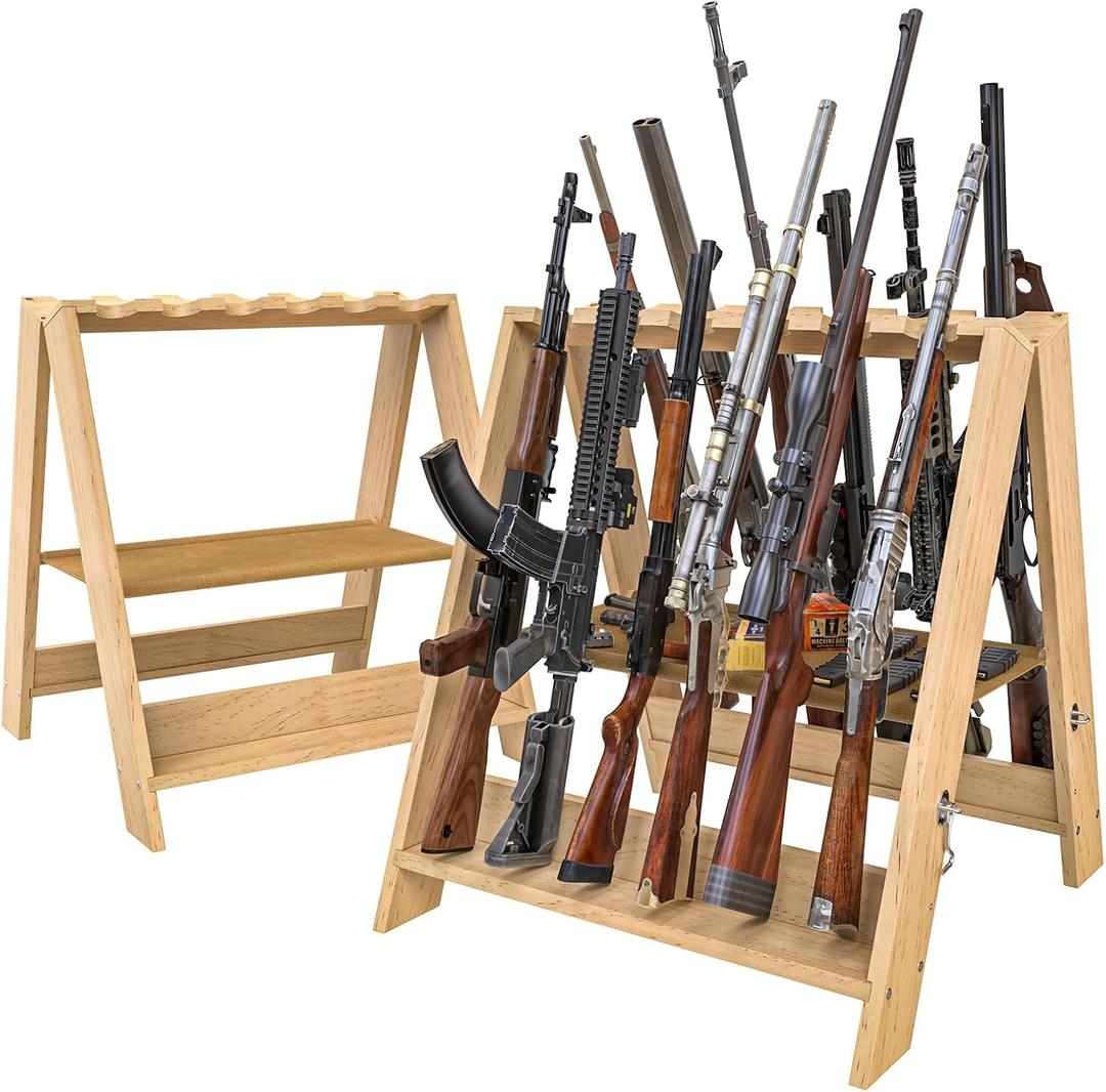 Gun Rack,Wooden Portable Gun Racks Stand,12 Slot Indoor Outdoor Folding Rifle Rack Holder Use with Pistol Storage