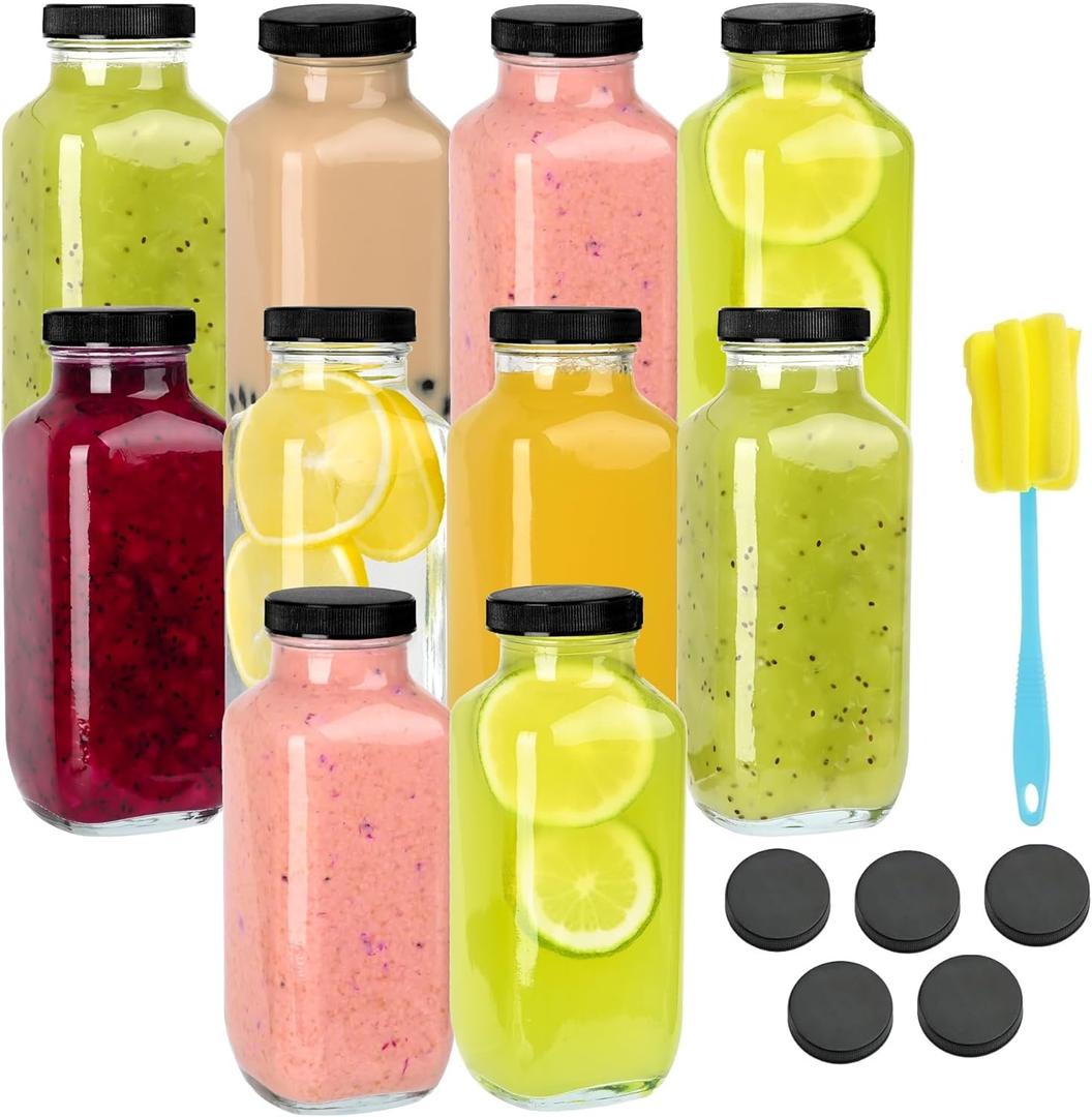 10 Pack 16oz Glass Juice Bottles with Lids - Reusable Juicing Bottles Glass Drinking Jars Containers with Airtight Lids & Cleaning Brush - Perfect for Juicing, Milk, Kombucha, and Storage