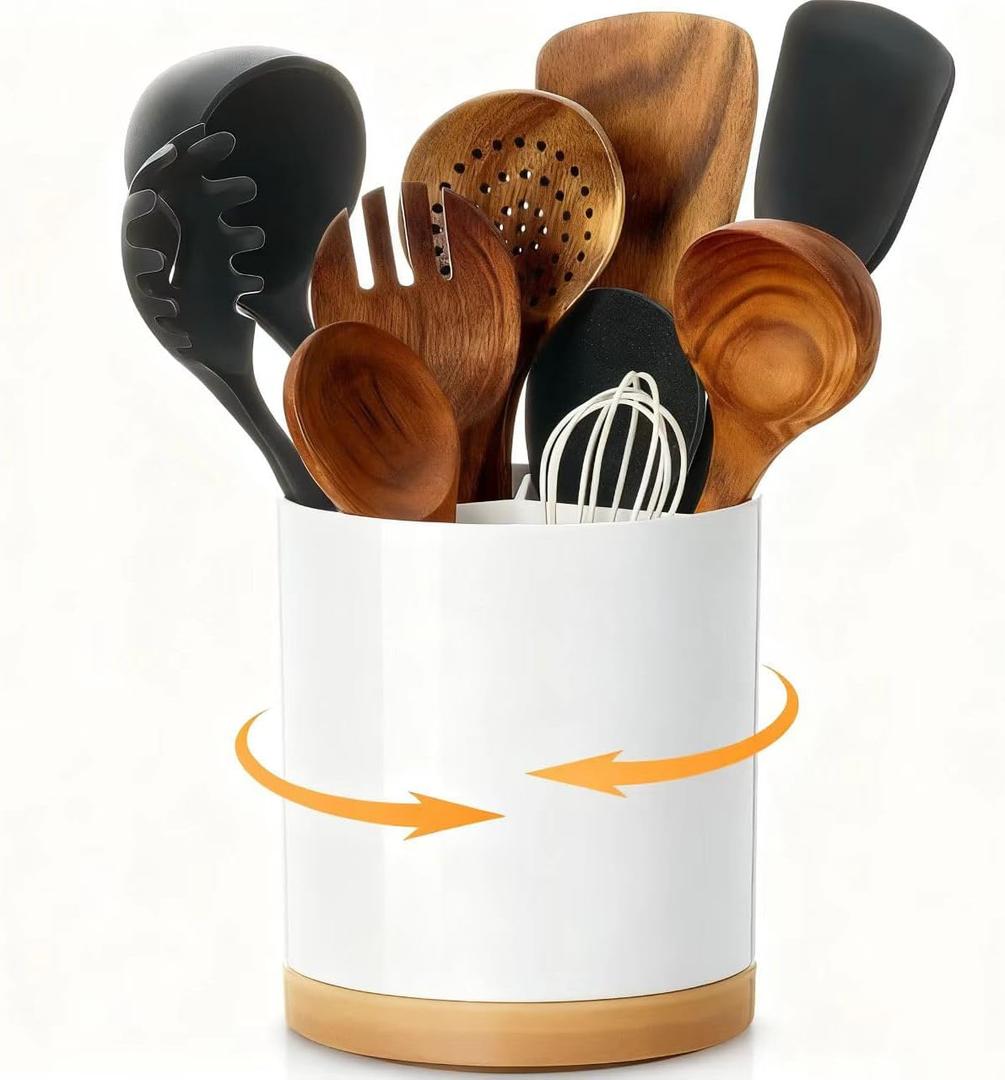 Meolibour Extra Large Porcelain Like Kitchen Cooking Utensil Holder, 360 Rotating Utensil Crock, 7.2" Unbreakable for Countertop, for Farmhouse Kitchen Decor with Rotatable and Detachable Base