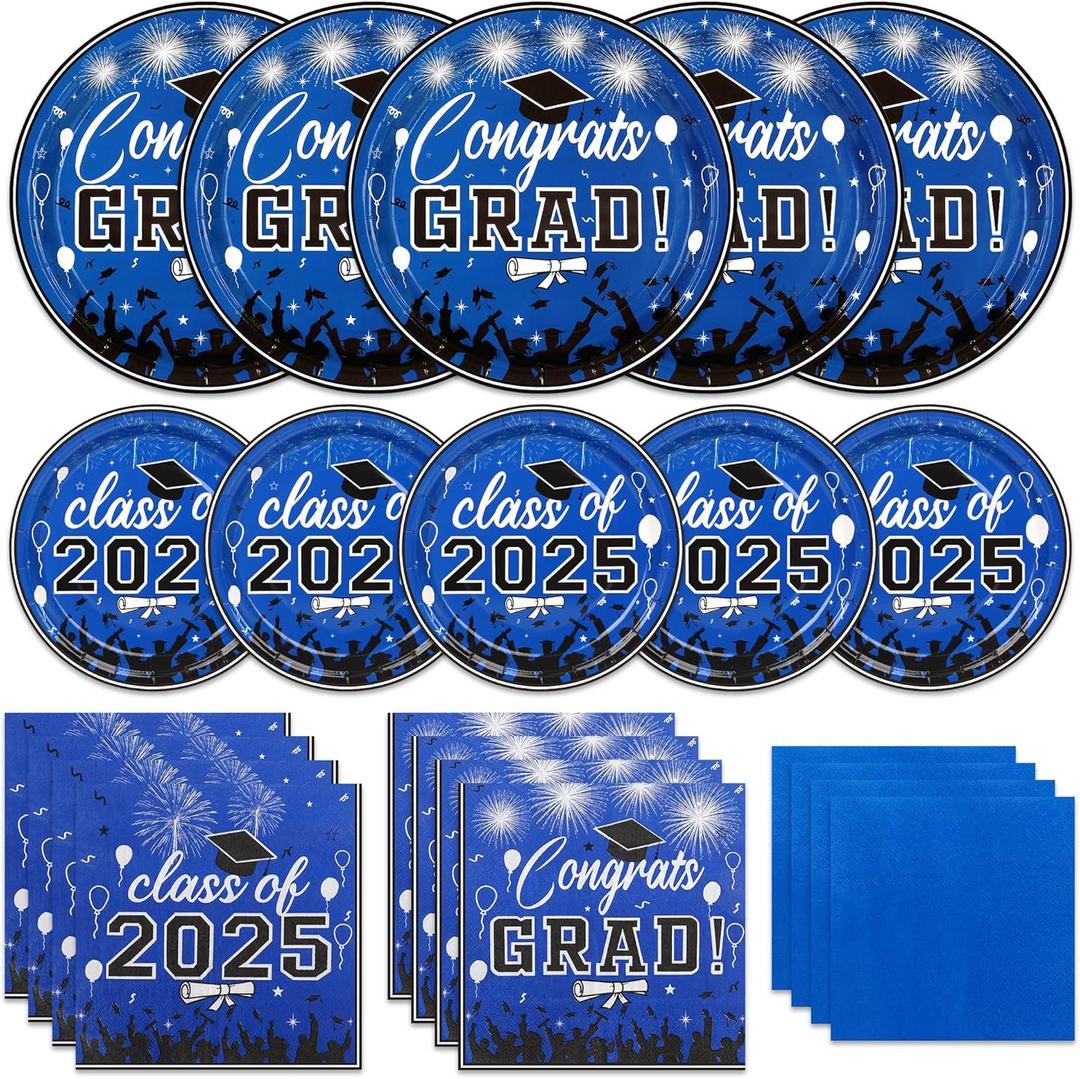 200 Pcs Graduation Party Plates and Napkins 2025 Graduation Decoration Blue Disposable Paper Plates Luncheon Napkin Cocktail Napkins for Graduations Party Decoration,Serve 50 Guests