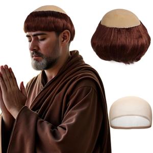 Short Monk Wig Brown Funny Wigs for Adults Cosplay Monk Costume Men Halloween Bald Wig Ugly Wigs for Friar Costume Christmas Themed Party Outfit +Hair Cap