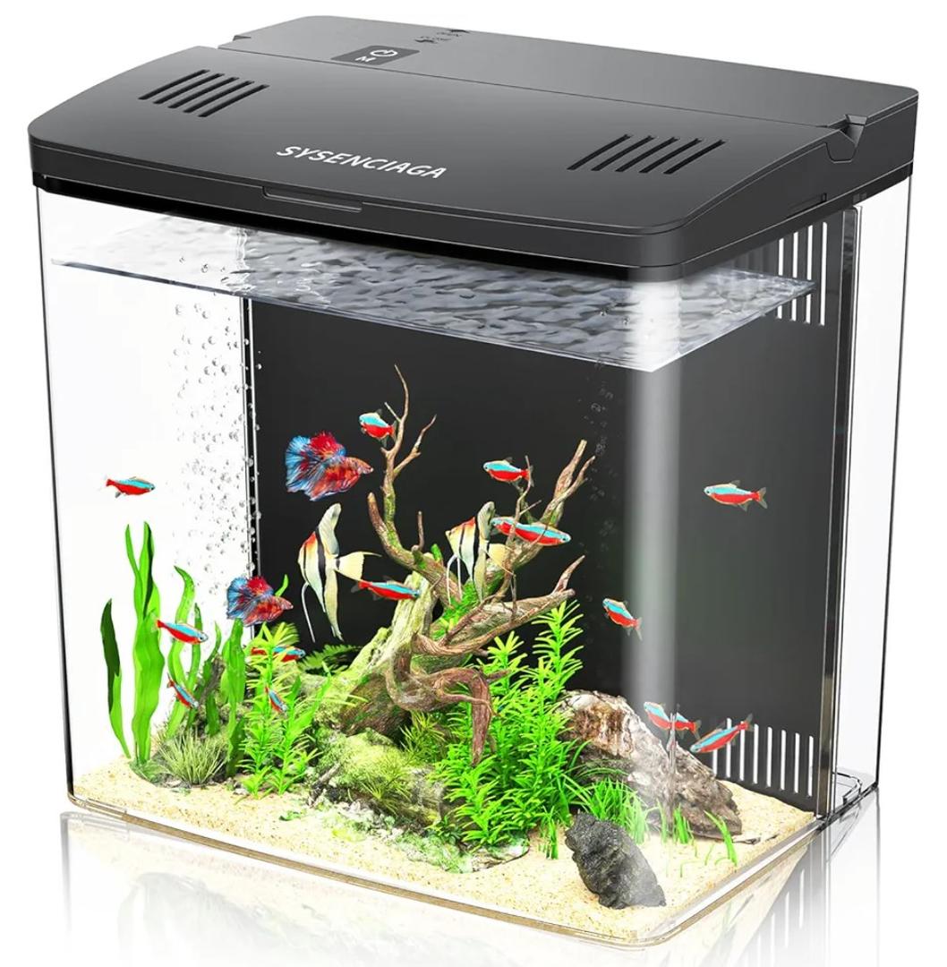 Desktop Fish Tank, 1.2 Gallon Self-Cleaning Smart Aquarium with Filter & 5-Color LED Light, Auto-Cycling Quiet Pump for Betta, Shrimp, Guppy, Goldfish
