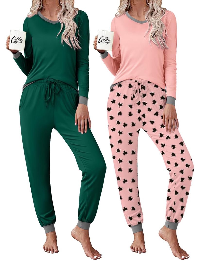 Frcdaunrs Pajama Set Pack for Women 2 Piece Long Sleeve Sleepwear Tops and Heart Printed Pants Soft Loungewear Ladies Pjs Set