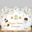 MEHOFOND Floral Nuestra Primera Comunión Baptism Backdrop for Boy and Girl Siblings First Holy Communion Banner God Bless Christening Party Photography Background Banner Sign Photo Booth Props 7x5ft