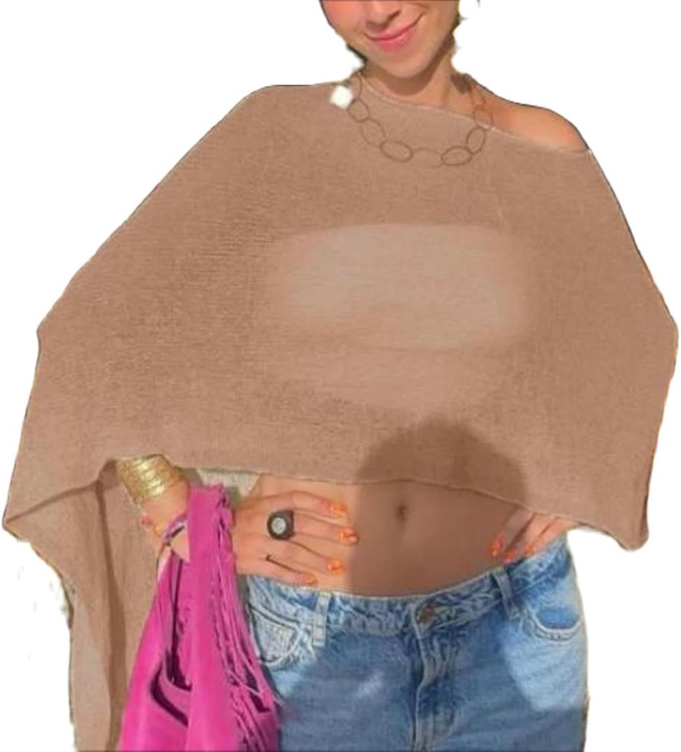 Yoawdats Women Sheer Poncho Shrug Lightweight See Through Knitted Mesh Shawl Y2k Asymmetrical Poncho Tops Cover Ups