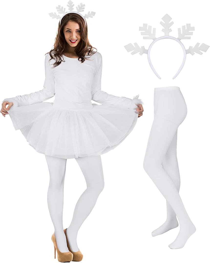Sureio 3 Pcs Winter Snowflake Tutu Costume Christmas Woman Long Sleeved Dress Stocking White Headband for Cosplay Party (White, L)