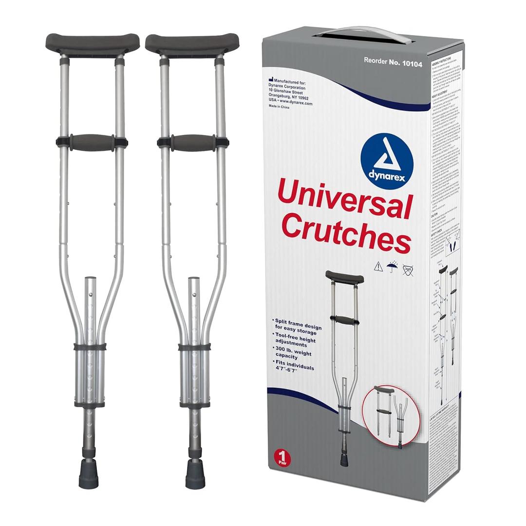Dynarex Aluminum Universal Crutch, Children to Adult - 4'7" to 6'7", Push-Button Height Adjustment, Cushioned Underarm & Comfortable Hand Grips, 300 lb. Weight Capacity, 1 Pair