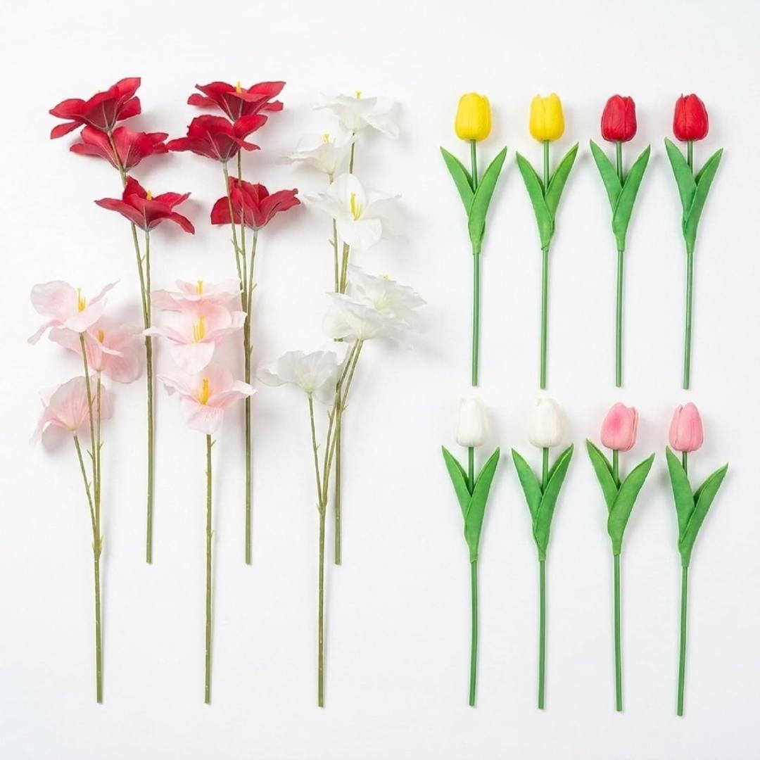 4 x 14Pcs Artificial Flowers for Outside with Stakes, Tulips Spring Yard Decorations Outdoor, Garden Decor for Patio, Lawn, Front Door, Backyard, Cemetery Grave