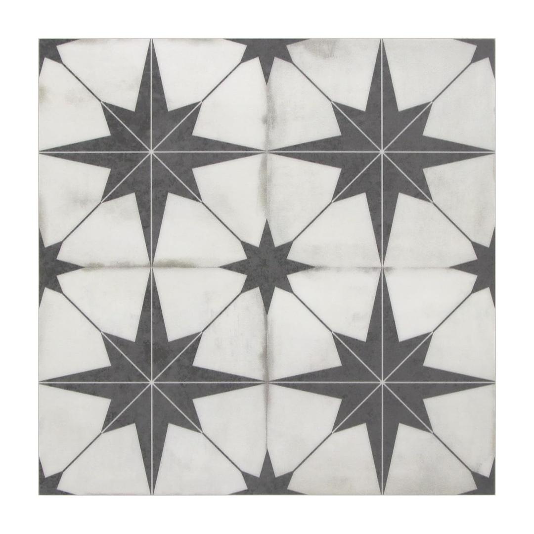 Peel & Stick SPC Vinyl Flooring - Black Star Encaustic Pattern, 9x9In, 16 Tiles, 9.12 Sq Ft, Self-Adhesive, Suitable for Bathroom & Kitchen Walls & Floors