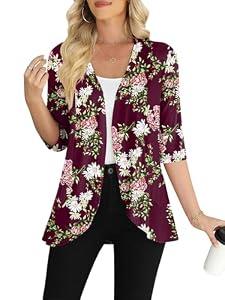 Yincro Plus Size Women's 3/ 4 Sleeve Cardigan Casual Lightweight Soft Open Front Cardigans (Flower Wine Red, 3XL)